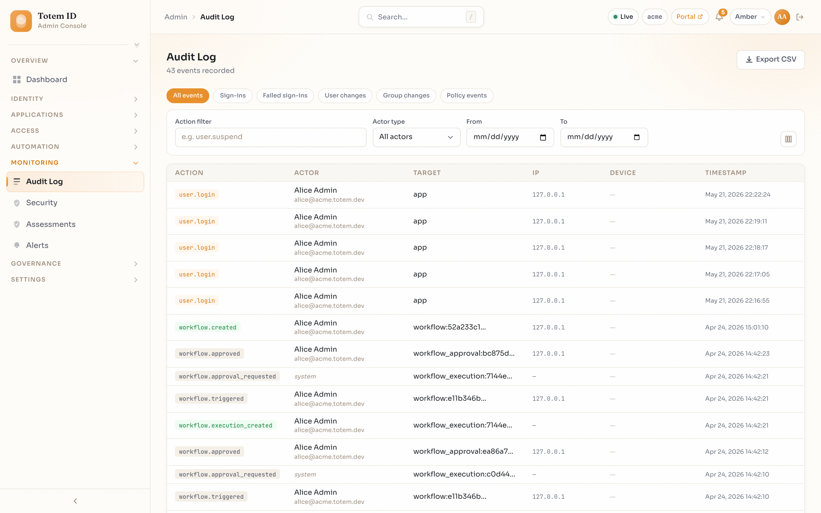 Audit log table with sign-in, workflow, and approval events, filterable by actor type and date range