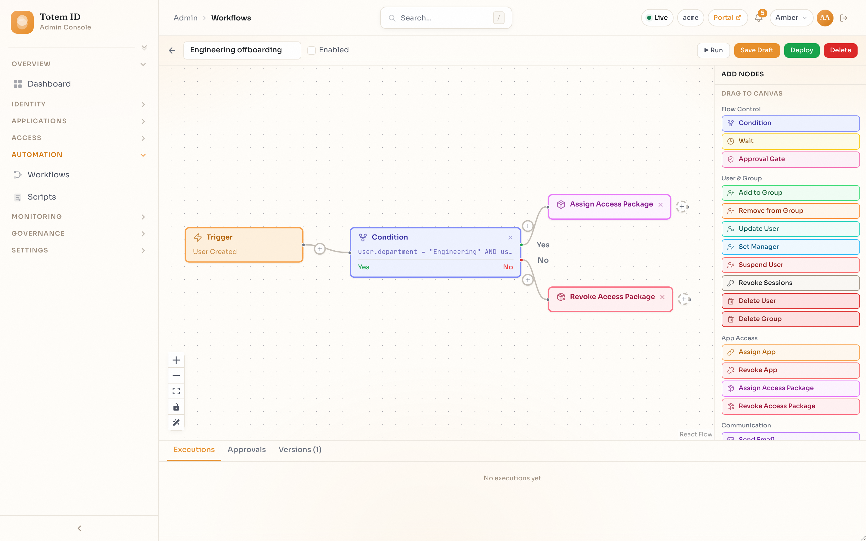 Lifecycle workflow editor: visual canvas with trigger, condition, and access package assignment nodes